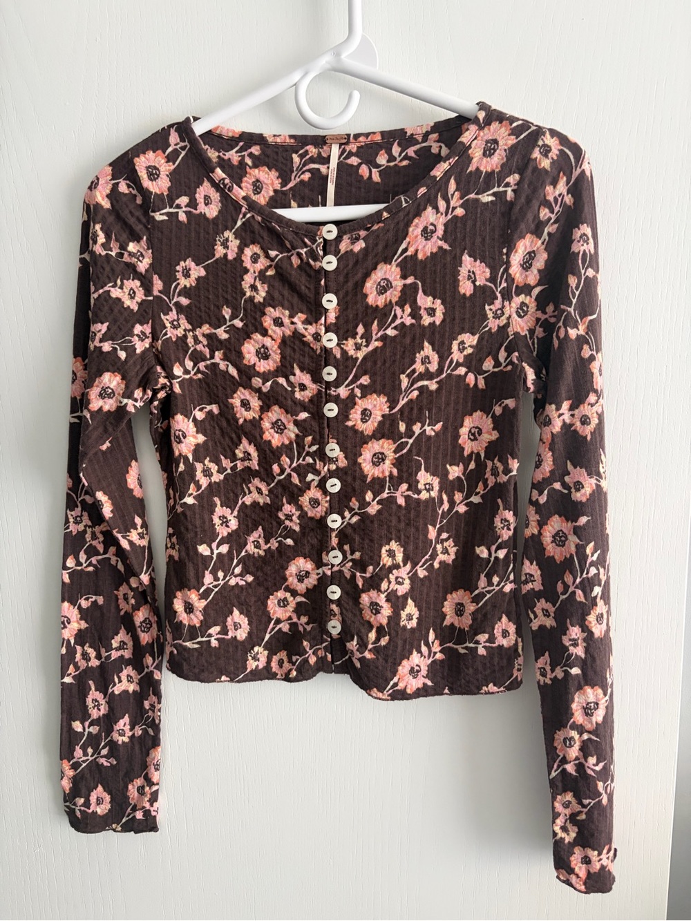 Free People pink brown floral button down Long Sleeve crop top